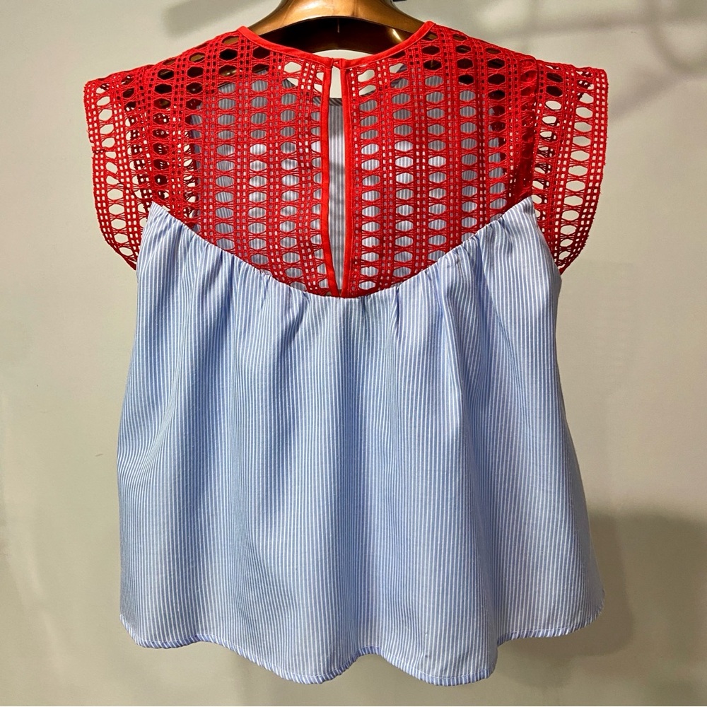 Anthropologie Red Crochet Yoke Blue Stripe Sleeveless Blouse
